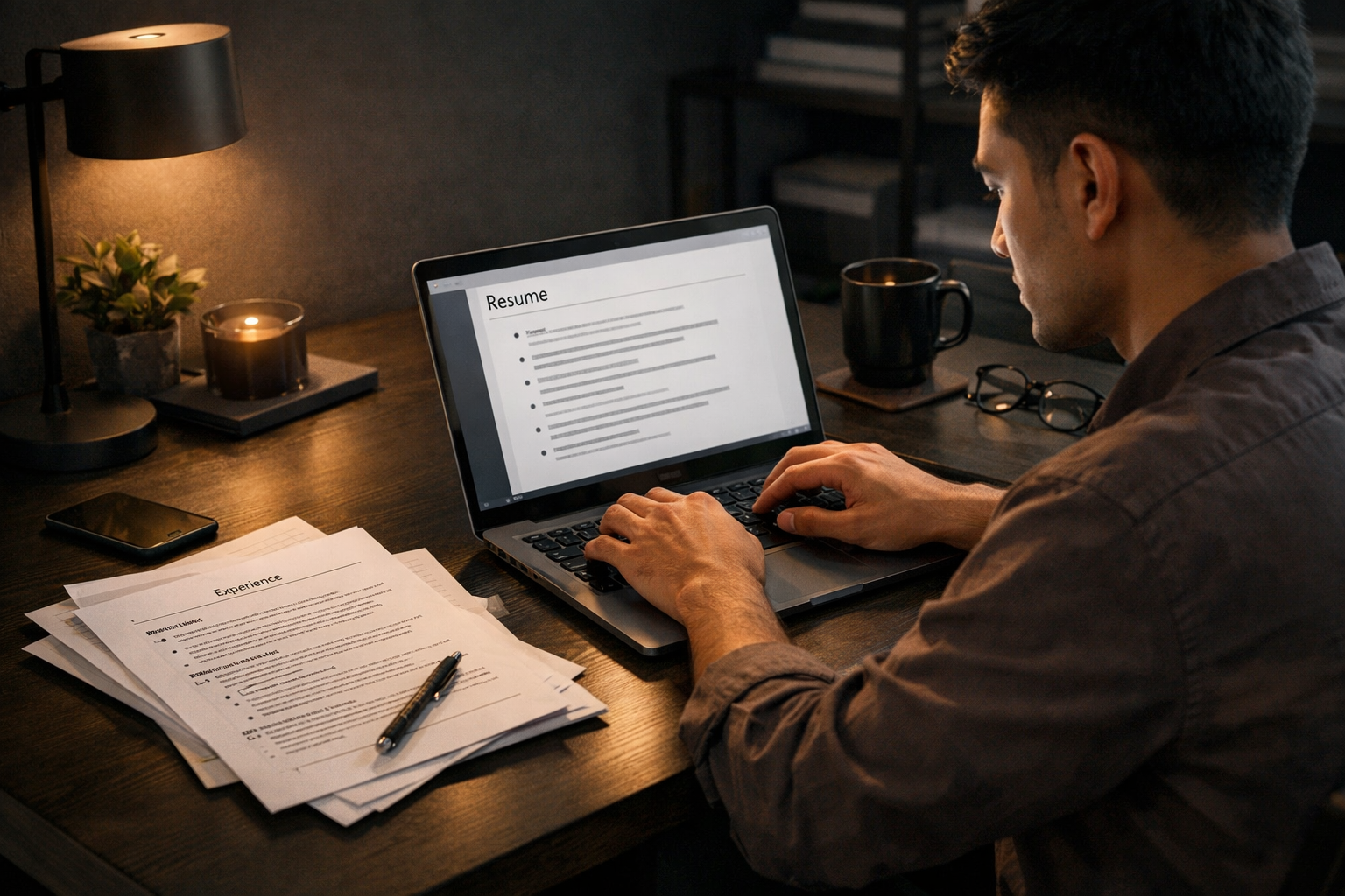 Job seeker revising resume bullet points beside a marked-up work history at a desk.