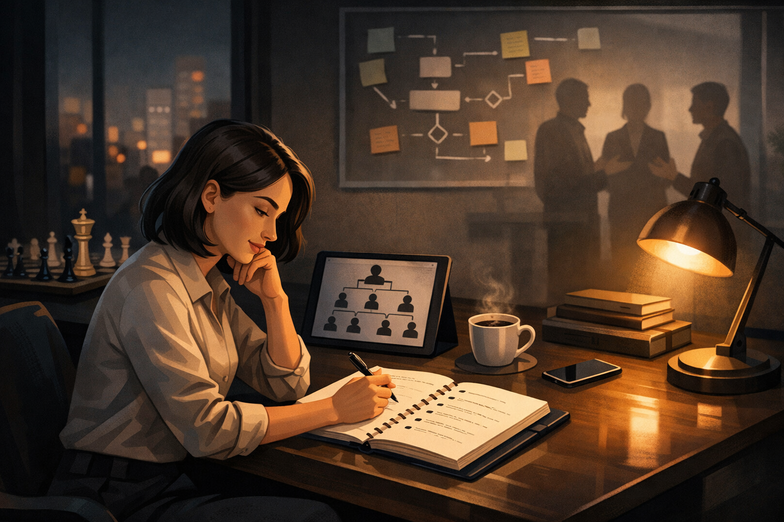 Illustration of a job candidate at a desk outlining leadership interview stories in a notebook, with visual cues for decision-making and team coordination.