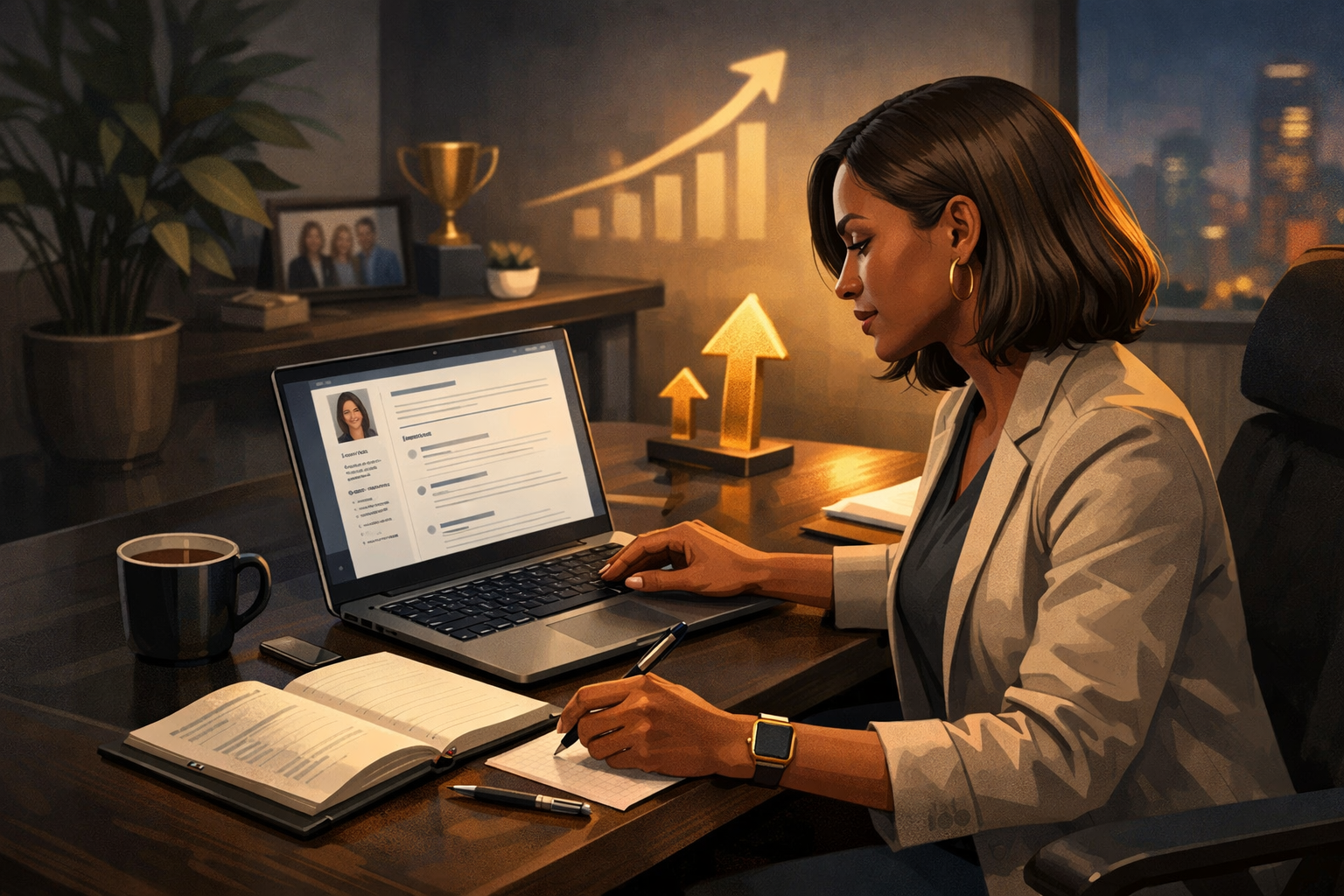 Professional reviewing a resume for an internal promotion at a calm desk workspace